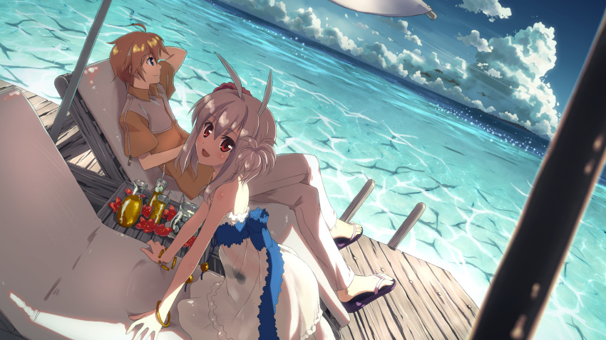 1boy absurdres antenna_hair bangle bracelet cloud day djmax djmax_portable djmax_technika dress dutch_angle female highres jewelry outdoors pier red_eyes see-through suee teo_(djmax) water yuuki_tatsuya