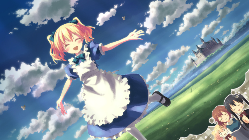 3girls :> :d =_= absurdres alice_cartelet apron blonde_hair book castle closed_eyes cloud day dress field highres imagining inokuma_youko kin-iro_mosaic komichi_aya lone_nape_hair maid multiple_girls open_mouth outstretched_arms scan sky smile spread_arms thought_bubble twintails yuuki_tatsuya