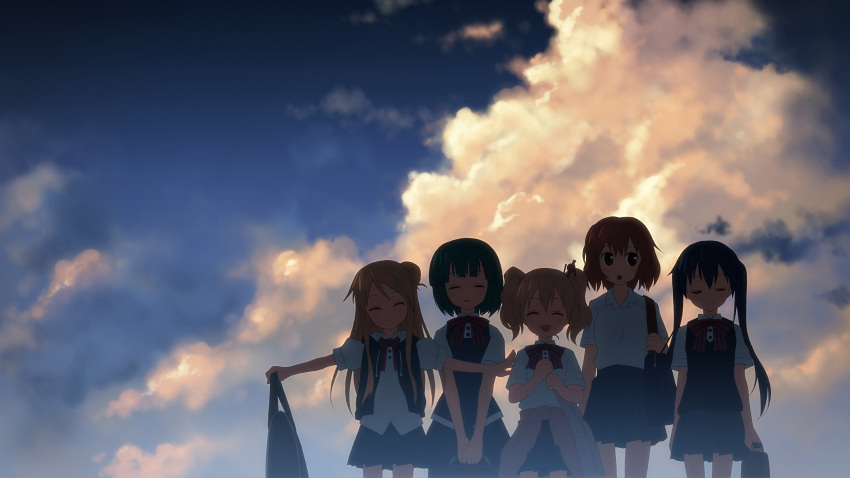 5girls :d absurdres alice_cartelet bag black_hair blonde_hair blue_sky blush bow brown_eyes brown_hair closed_eyes clothes_around_waist cloud cumulonimbus_cloud hair_bun hair_ornament hairclip highres hood hooded_jacket hoodie inokuma_youko jacket jacket_around_waist kin-iro_mosaic komichi_aya kujou_karen lone_nape_hair long_hair moegi_high_school_uniform multiple_girls oomiya_shinobu open_mouth outdoors outstretched_arms pleated_skirt scan school_bag school_uniform short_hair short_twintails single_hair_bun skirt sky smile twintails vest walking yuuki_tatsuya