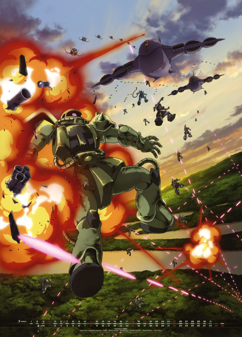 absurdres aircraft airplane calendar dom dopp explosion gaw_(gundam) gouf gun gundam highres kawazoe_masakazu mecha mobile_suit_gundam nature official_art river rocket_launcher war weapon zaku zaku_ii