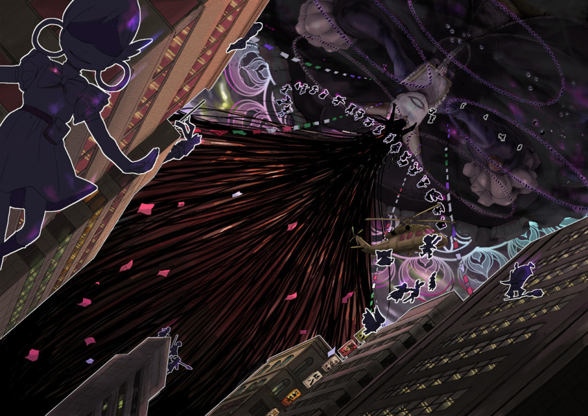 6+girls aircraft bad_end blue_dress bow building charlotte_(madoka_magica) city commentary_request creature dress dutch_angle flag from_below giant helicopter kriemhild_gretchen mahou_shoujo_madoka_magica mahou_shoujo_madoka_magica_(anime) miki_sayaka monster multiple_girls sakura_kyoko sasaki_bullet shaded_face short_hair short_sleeves silhouette skirt tomoe_mami upside-down walpurgisnacht's_familiars walpurgisnacht_(madoka_magica) witch_(madoka_magica)