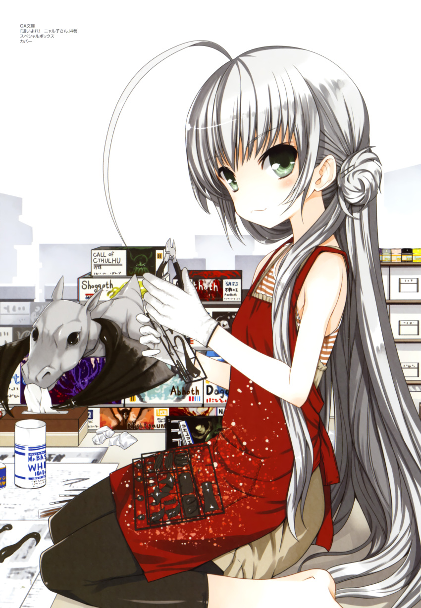 :3 absurdres ahoge apron bare_shoulders barefoot blush cthulhu english_text female gloves green_eyes grey_hair haiyore!_nyaruko-san highres huge_ahoge koin_(foxmark) long_hair looking_at_viewer model model_building model_kit nyarlathotep_(nyaruko-san) official_art photoshop_(medium) pliers seiza shantak_(nyaruko-san) sitting sleeveless smile solo sprue tissue tweezers very_long_hair