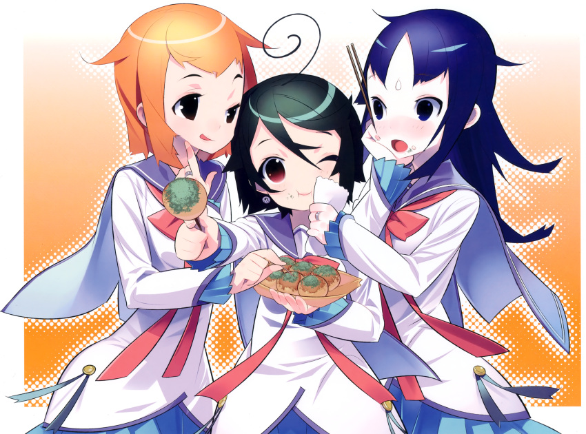 3girls :t ahoge asunaro_school_uniform blue_eyes blue_hair eating food food_on_face glasses highres kazumi_(madoka_magica) long_hair mahou_shoujo_kazumi_magica mahou_shoujo_madoka_magica maki_kaoru misaki_umika multiple_girls official_art one_eye_closed orange_eyes orange_hair school_uniform short_hair smile takoyaki tensugi_takashi unworn_eyewear