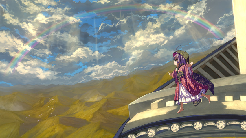 ahoge barefoot bird black_hat black_sash blue_sky bowl bowl_hat cloud cloudy_sky commentary_request day female flock from_side full_body hat highres japanese_clothes kimono light_rays long_sleeves looking_up mountain obi outdoors outstretched_arms petticoat profile purple_hair rainbow red_eyes red_kimono sash shadow shining_needle_castle short_hair sky solo standing standing_on_one_leg sukuna_shinmyoumaru syope touhou wide_sleeves