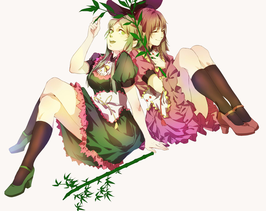 2girls back-to-back bamboo branch brown_hair chinese_commentary closed_eyes commentary dress green_eyes green_hair hat highres kagari6496 kneehighs long_hair mary_janes multiple_girls nishida_satono open_mouth shoes sitting smile socks teireida_mai touhou white_background