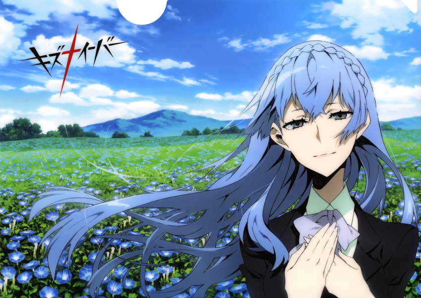 absurdres artist_request blue_flower blue_hair blue_sky braid bud closed_mouth cloud copyright_name crossed_bangs crown_braid day female field floating_hair flower flower_field grey_eyes half-closed_eyes hands_on_own_chest hands_up highres kiznaiver landscape light_smile long_hair looking_at_viewer morning_glory mountain outdoors own_hands_together portrait scenery sky solo sonozaki_noriko wind