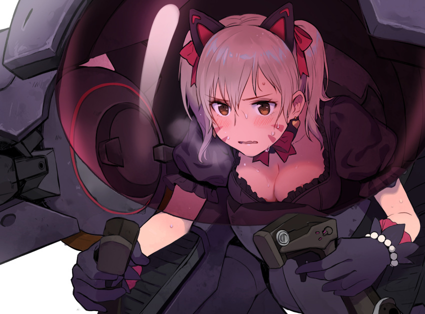 animal_ears black_cat_d.va black_gloves blush breasts breath brown_eyes cat_ears cleavage commentary d.va_(overwatch) earrings facial_mark fake_animal_ears female finger_on_trigger gloves grey_hair hair_ornament heart heart_earrings heavy_breathing highres jewelry large_breasts lino_chang oerba_yun_fang overwatch overwatch_1 parted_lips photoshop_(medium) riding short_twintails solo sweat twintails