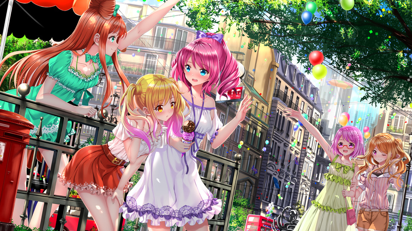 5girls aikatsu!_(series) aikatsu_stars! balloon belt blonde_hair blue_eyes blush breasts brown_eyes brown_hair bus cleavage closed_mouth collarbone commentary_request cone_hair_bun food glasses hair_bun highres ice_cream kasumi_mahiru large_breasts looking_at_another motor_vehicle multicolored_hair multiple_girls nanakura_koharu nijino_yume off-shoulder_shirt off_shoulder one_eye_closed open_mouth outdoors pink_hair purple_eyes purple_hair red_hair red_skirt sakuraba_rola saotome_ako semi-rimless_eyewear shirt short_hair skirt swordsouls two-tone_hair