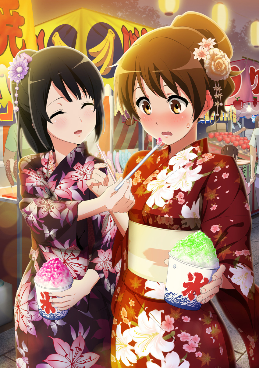 2girls :d ^_^ black_hair blush brown_eyes brown_hair candy_apple closed_eyes commentary_request cup disposable_cup drinking_straw feeding festival floral_print flower food food_stand hair_flower hair_ornament hibike!_euphonium highres holding holding_drinking_straw holding_hands ice_cream_cup japanese_clothes kimono kousaka_reina lantern lolicon long_hair long_sleeves multiple_girls nose_blush obi open_mouth oumae_kumiko outdoors paper_lantern print_kimono purple_kimono red_kimono sash shaved_ice short_hair smile sonouchi_(bigsummersky) spoon_straw summer_festival sweatdrop wavy_mouth wide_sleeves yukata yuri