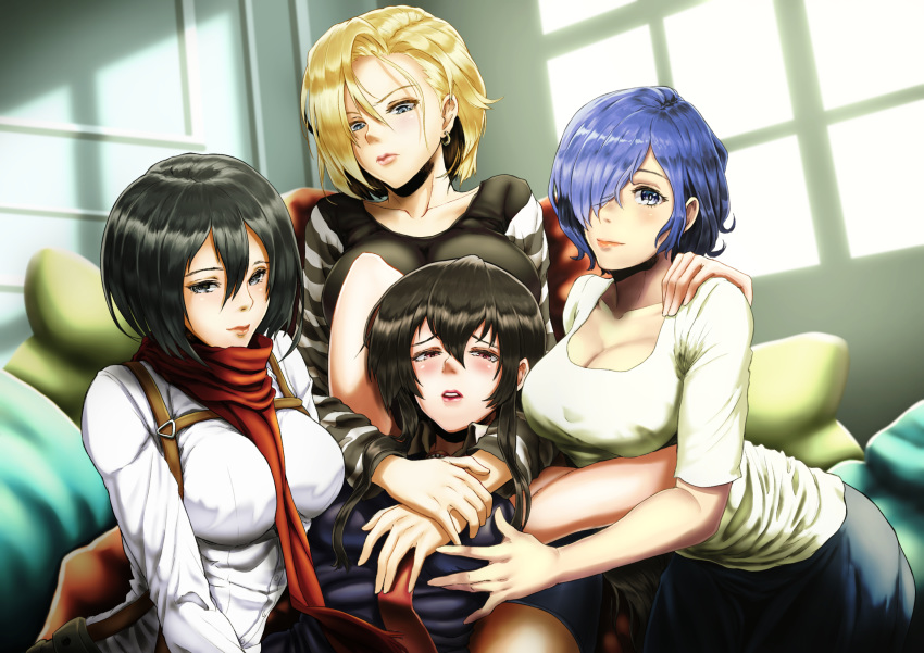 akame akame_ga_kill! android_18 breast_grab cleavage crossover dragon_ball_z kirishima_touka mikasa_ackerman pantyhose scrson shingeki_no_kyojin tokyo_ghoul