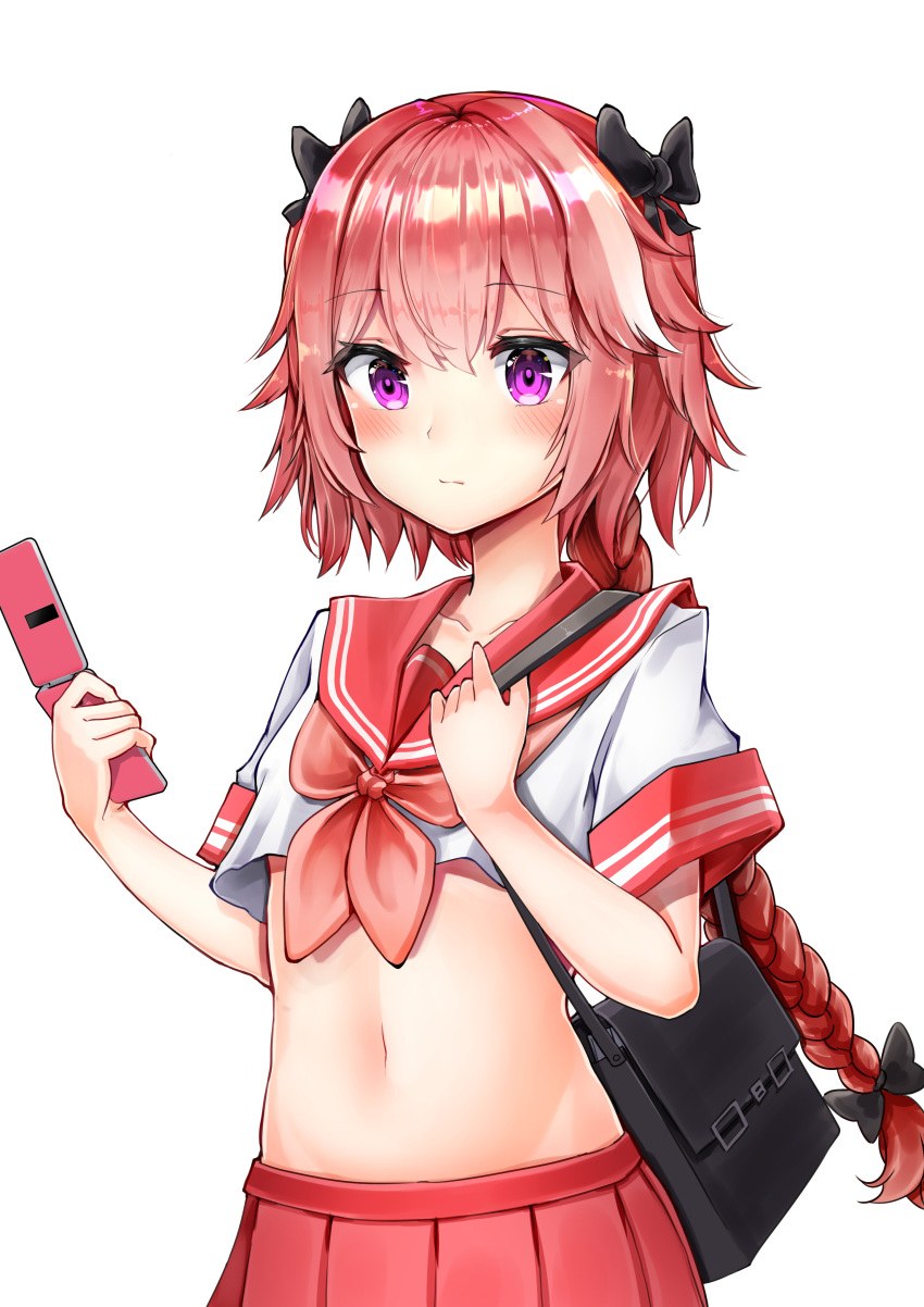 absurdres astolfo_(fate) bag bangs black_bow black_ribbon blush bow braid closed_mouth collarbone crop_top expressionless eyebrows_visible_through_hair fate/apocrypha fate_(series) groin gui_ss hair_between_eyes hair_intakes hair_ribbon hairbow hand_up handbag highres holding holding_phone holding_strap long_hair looking_away looking_down male_focus midriff multicolored_hair navel neckerchief otoko_no_ko phone pink_hair pink_neckwear pleated_skirt purple_eyes red_sailor_collar red_skirt ribbon sailor_collar school_uniform serafuku shiny shiny_hair short_sleeves sidelocks simple_background single_braid skirt solo standing stomach streaked_hair very_long_hair white_background white_hair