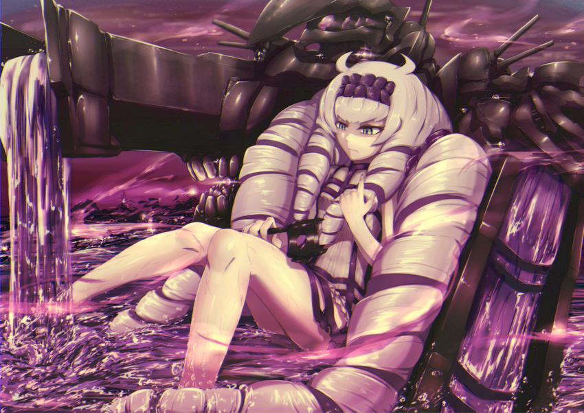 >:( absurdly_long_hair abyssal_ship bad_id bad_pixiv_id canal_princess chromatic_aberration colored_skin dress drill_hair female fingernails frown grey_eyes hairband highres horns kantai_collection long_fingernails long_hair machinery onboro_(clunker) partially_submerged purple_sky sharp_fingernails short_dress sitting sky solo turret twintails v-shaped_eyebrows veins very_long_hair water white_dress white_hair white_skin