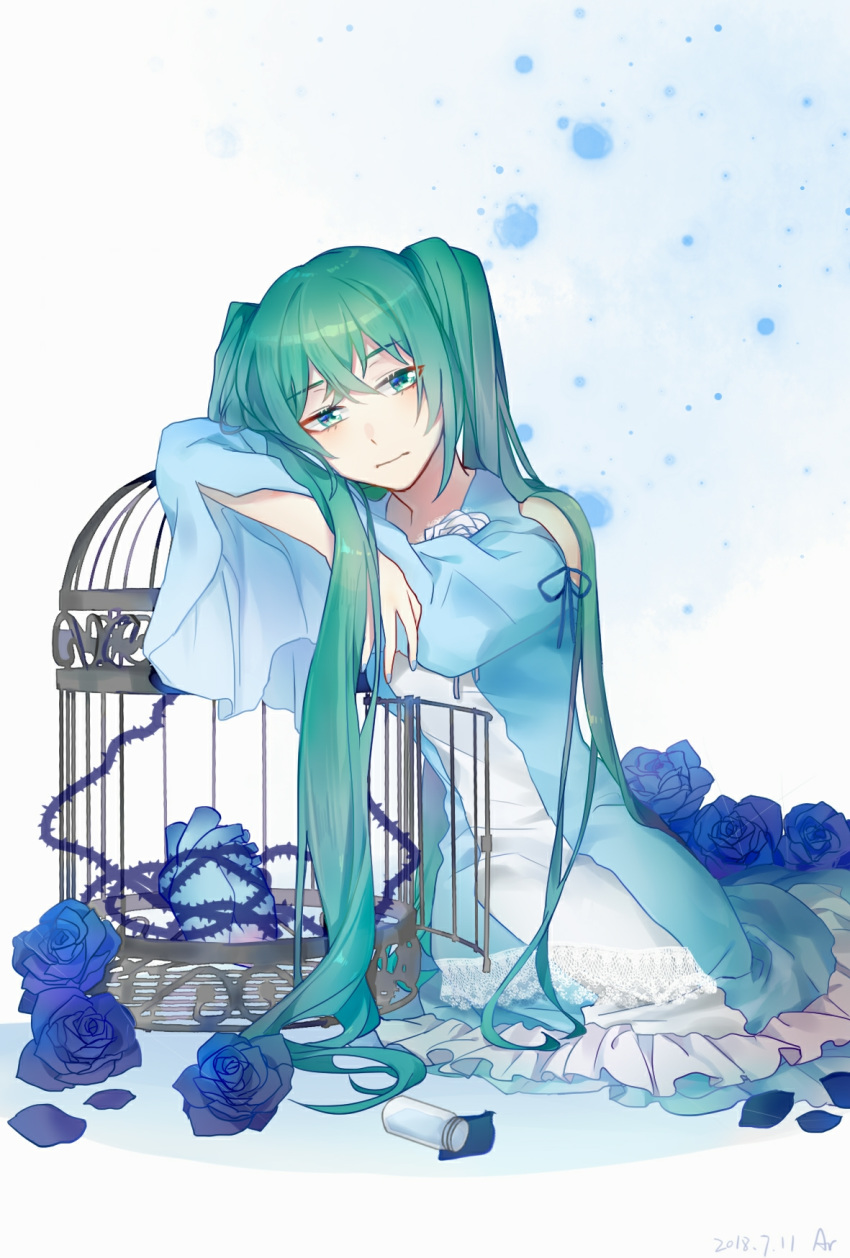 bare_shoulders birdcage blue_dress blue_eyes blue_flower blue_rose bottle cage commentary_request dress evillious_nendaiki female flower frilled_dress frills full_body green_hair hatsune_miku highres lace leaning_on_object long_dress long_hair looking_at_viewer margarita_blankenheim nemurase_hime_kara_no_okurimono_(vocaloid) petals rose taziku thorns very_long_hair vocaloid white_flower white_rose