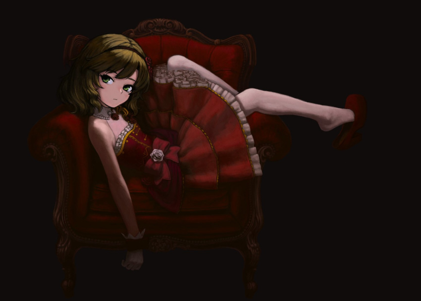 armchair asagi_noko bare_shoulders blonde_hair blush bow chair collar commentary_request dark dress expressionless female flower frilled_dress frills full_body gloves gold_trim green_eyes hair_flower hair_ornament hairband high_heels highres idolmaster idolmaster_cinderella_girls idolmaster_cinderella_girls_starlight_stage jewelry looking_at_viewer necklace pantyhose pearl_necklace petticoat red_bow red_dress rose sakurai_momoka shoe_dangle short_hair sitting solo wavy_hair white_gloves white_pantyhose wrist_bow