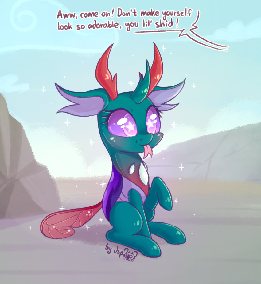 2018 arthropod blep blush changeling cloud dialogue dsp2003 duo english_text equid exclamation_point eyelashes feral forked_tongue friendship_is_magic hasbro hi_res hooves horn male mammal my_little_pony offscreen_character outside pharynx_(mlp) portrait purple_eyes signature sitting sky smile solo_focus sparkles speech_bubble star star_eyes text tongue tongue_out