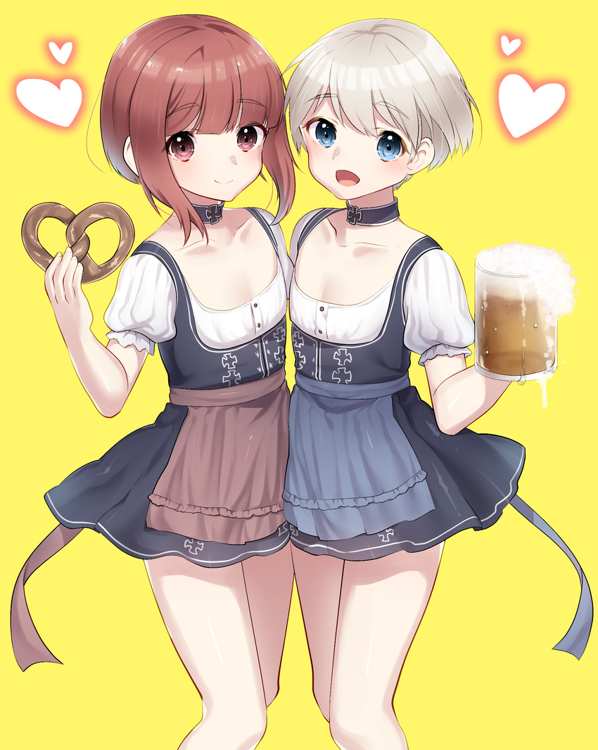 2girls :d akagi_kurage alcohol alternate_costume bare_legs beer beer_mug blue_eyes brown_eyes brown_hair commentary_request cup dirndl dress flat_chest food german_clothes grey_hair highres holding holding_cup kantai_collection matching_outfits mug multiple_girls no_headwear open_mouth pretzel puffy_short_sleeves puffy_sleeves short_dress short_hair short_sleeves smile standing thighs z1_leberecht_maass_(kancolle) z1_leberecht_maass_(oktoberfest_mode)_(kancolle) z3_max_schultz_(kancolle)