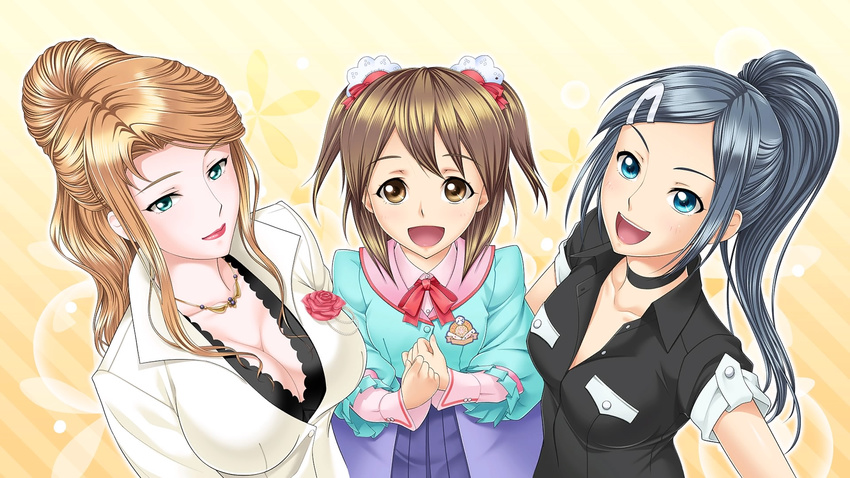 3girls :d aqua_eyes artist_request asagiri_mashiro black_shirt blue_hair bow breasts brown_eyes brown_hair buttons cleavage emblem flower from_above game_cg girl_sandwich green_eyes hair_ornament hair_ribbon hairclip highres jewelry large_breasts lipstick long_hair looking_at_viewer looking_up makeup multiple_girls nakano_saki neck_ribbon necklace non-web_source open_mouth orange_hair pleated_skirt ponytail red_flower red_ribbon red_rose ribbon rose saionji_hatsuki sandwiched shirt short_hair skirt smile tottemo_e_mahjong_plus two_side_up upper_body yellow_background