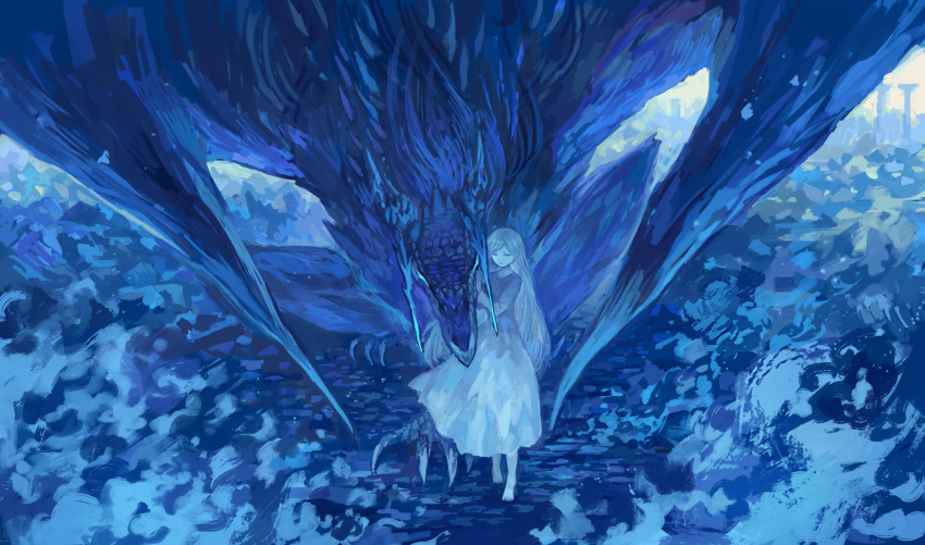 barefoot blonde_hair blue_eyes claws closed_eyes closed_mouth commentary dragon dress female full_body glowing glowing_eyes highres holding horns long_hair original platinum_blonde_hair sakaya313 scales walking white_dress