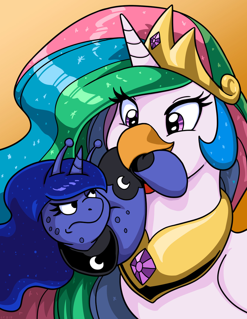 2017 absurd_res alternate_species avian bird chicken crown duo female friendship_is_magic galliform gallus_(genus) gastropod gold_(metal) hasbro headgear hi_res horn jewelry latecustomer mollusk my_little_pony necklace phasianid princess_celestia_(mlp) princess_luna_(mlp) slug