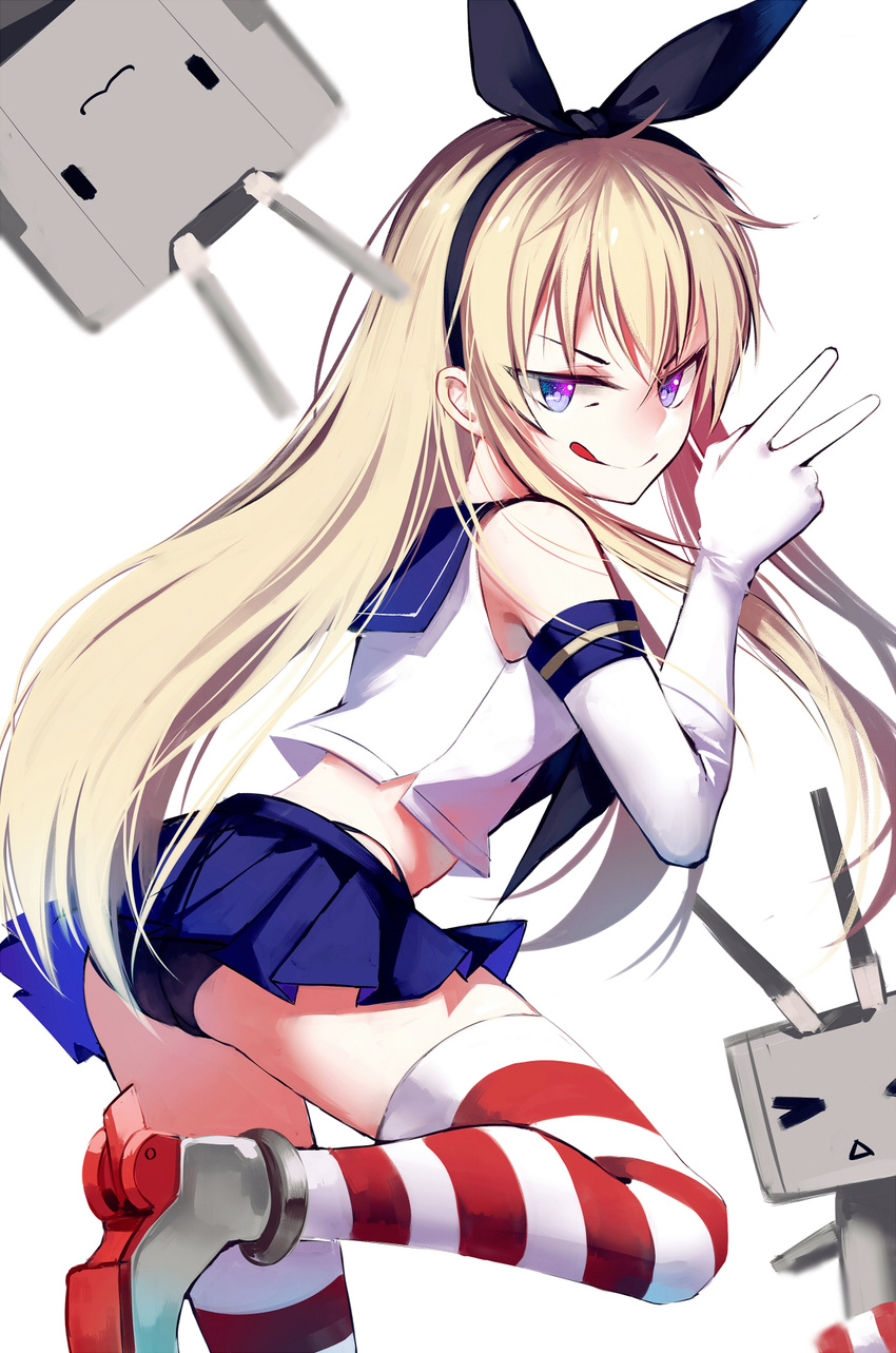 >_< :3 ayan blonde_hair blue_eyes closed_eyes commentary female gloves hairband highleg highleg_panties highres kantai_collection lifebuoy long_hair looking_back panties rensouhou-chan shimakaze_(kancolle) smile smirk striped_clothes striped_thighhighs swim_ring thighhighs tongue underwear v