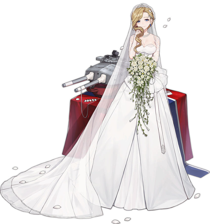 asymmetrical_hair azur_lane blonde_hair blue_eyes bouquet breasts bridal_veil cleavage collarbone detached_sleeves dress earrings eyebrows eyelashes female flower full_body hair_over_shoulder highres holding holding_bouquet hood_(azur_lane) hood_(rosey_love_poem)_(azur_lane) jewelry large_breasts long_hair long_sleeves looking_at_viewer machinery necklace official_alternate_costume official_art pearl_necklace petals rose sa_(h28085) see-through single_hair_intake skindentation sleeves_past_wrists smile solo standing strapless strapless_dress tachi-e tareme tears tiara transparent_background turret veil wedding_dress white_dress white_flower white_rose