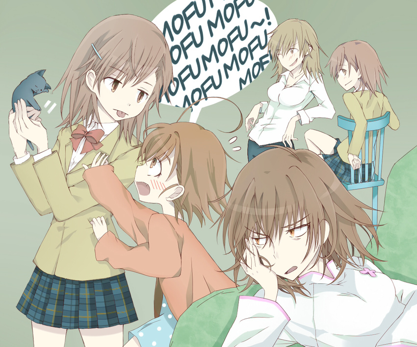 5girls ahoge animal black_cat breasts brown_eyes brown_hair commentary_request dress feline hair_ornament hairpin holding holding_animal holding_cat kanata_(mizubenisumutori) last_order_(toaru_majutsu_no_index) medium_breasts medium_hair misaka_imouto misaka_imouto_10032 misaka_imouto_10032's_cat misaka_mikoto misaka_misuzu misaka_worst mother_and_daughter multiple_girls parent_and_child polka_dot polka_dot_dress romaji_text school_uniform siblings sisters skirt toaru_majutsu_no_index toaru_majutsu_no_index:_new_testament tokiwadai_school_uniform tongue tongue_out translated uniform vietnamese_dress