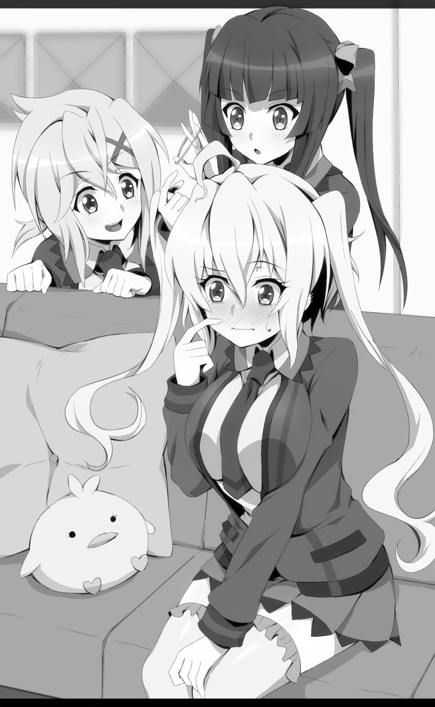 3girls :d :o ahoge akatsuki_kirika alternate_hairstyle blunt_bangs blush breasts commentary_request couch eyelashes finger_to_face frilled_legwear greyscale hair_ornament hair_tie hairdressing hal-bard hands_on_own_knees highres large_breasts low_twintails lydian_academy_school_uniform monochrome multiple_girls necktie nose_blush open_mouth pillow school_uniform senki_zesshou_symphogear short_twintails sitting smile stuffed_animal stuffed_bird stuffed_toy sweatdrop thighhighs tsukuyomi_shirabe twintails tying_hair wavy_mouth x_hair_ornament yukine_chris