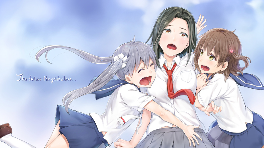 3girls :d arm_hug bad_id bad_pixiv_id black_hair blush brown_hair closed_eyes commentary_request fingernails girl_sandwich hair_ornament highres hug ken-1 kominato_ruuko long_hair multiple_girls necktie open_mouth orange_eyes pleated_skirt sandwiched school_uniform serafuku side_ponytail silver_hair skirt smile sweatdrop tama_(wixoss) twintails urazoe_iona wixoss yellow_eyes