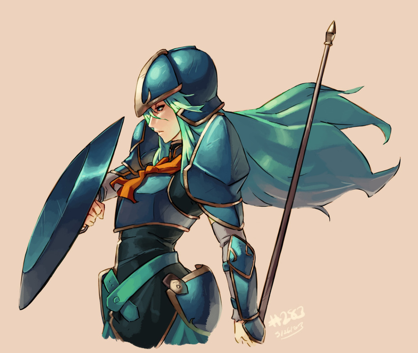 armor blue_eyes female fire_emblem fire_emblem:_akatsuki_no_megami fire_emblem:_souen_no_kiseki green_eyes green_hair helmet junkpuyo long_hair neckerchief nephenee polearm solo spear weapon