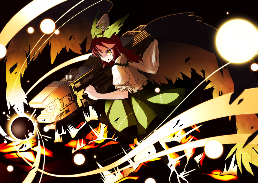 alternate_weapon arm_cannon black_wings bow brown_hair commentary_request energy female green_bow hairbow highres looking_at_viewer reiuji_utsuho solo total9 touhou weapon wings yellow_eyes