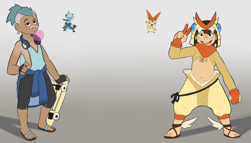 alternate_species band-aid bandage blowing_bubble_gum bottomwear bubble bubble_gum candy clothed clothing dessert dewott eyebrows flip_flops food footwear front_view furfit generation_5_pokemon gesture gum hand_gesture hand_on_hip human humanized inflating ken_sugimori legendary_pokemon looking_at_viewer male mammal midriff mohawk multiple_images navel nintendo official_art pokemon pokemon_(species) pseudo_clothing raised_eyebrow reference_image sandals shirt shorts skateboard skater smile solo tank_top topwear unimpressed v_sign vehicle victini