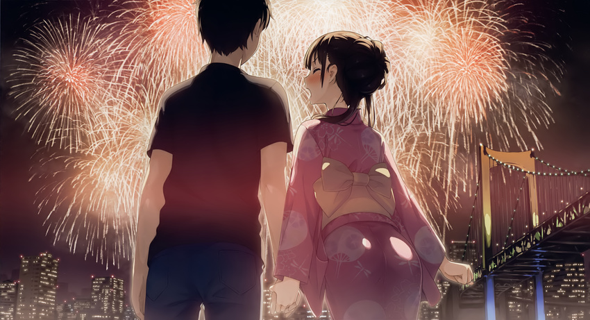 1boy absurdres black_hair black_shirt blue_pants blush bow bridge casual city_lights closed_eyes couple cowboy_shot denim dragonfly_print female festival fireworks from_behind hair_bun highres holding_hands japanese_clothes jeans kantoku kimono leaning_forward long_sleeves md5_mismatch night night_sky pants scan shirt short_hair short_sleeves single_hair_bun sky standing straight yellow_bow yukata