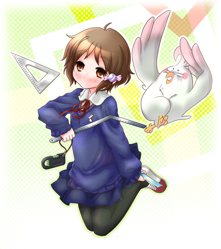 absurdres bird black_legwear brown_eyes brown_hair candy_hair_ornament candy_wrapper commentary_request dera_mochimazzui female food-themed_hair_ornament hair_ornament highres kanon_(kurogane_knights) makino_kanna pantyhose photoshop_(medium) rabbit school_uniform shoes short_hair steel_square sweater tamako_market triangle uwabaki