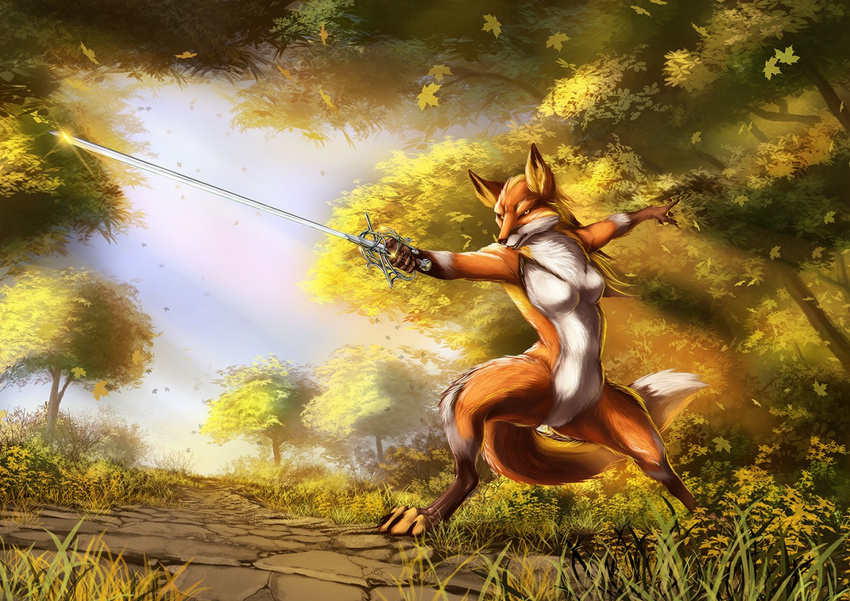 2016 anthro black_body black_fur breasts canid canine female fox fur jackrow mammal melee_weapon multicolored_body multicolored_fur nude plant rapier red_body red_fur restricted_palette reyna_(reynafox) solo stripes sword tree tuft weapon white_body white_fur yellow_body yellow_eyes yellow_fur