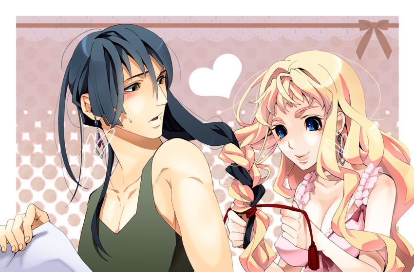 1boy bad_id bad_pixiv_id blonde_hair blue_eyes blue_hair breasts brown_eyes cleavage couple earrings female hairdressing hanazawa jewelry long_hair macross macross_frontier medium_breasts photoshop_(medium) ponytail saotome_alto sheryl_nome single_earring smile straight