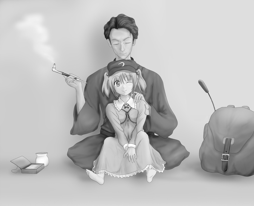 1boy ;) akutagawa_ryuunosuke backpack bag barefoot cattail closed_eyes commentary_request feet female greyscale hair_bobbles hair_ornament hat hinami_(hinatamizu) kawashiro_nitori key kiseru monochrome one_eye_closed plant sitting smile smoke smoking_pipe soles toes touhou two_side_up