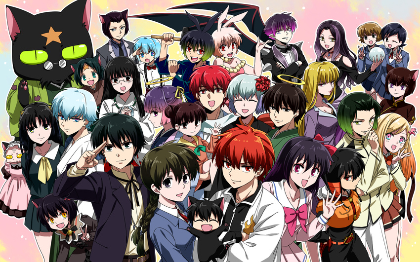 6+boys 6+girls :d ageha_(kyoukai_no_rinne) anematsuri_annette_hitomi animal_ears anju_(kyoukai_no_rinne) annotated apron ascot belt bijin_(kyoukai_no_rinne) black_bow black_dress black_hair black_jacket black_neckwear black_shirt black_skirt blazer blonde_hair blouse blue_eyes blue_hair blue_jacket blue_shirt bow bowtie braid brown_eyes brown_hair cat_ears character_name chinese_clothes closed_eyes closed_mouth commentary_request crystal_ball demon_wings double_bun dress dress_shirt earrings everyone facial_tattoo feline formal glasses green_bow green_neckwear grey_hair hair_bun hair_ribbon hair_tie hairbow halo hand_on_own_hip haori hatorion highres ichigo_(kyoukai_no_rinne) jacket japanese_clothes jewelry juumonji_tsubasa kain_(kyoukai_no_rinne) kuroboshi_(kyoukai_no_rinne) kuroboshi_iii_(kyoukai_no_rinne) kuromitsu_(kyoukai_no_rinne) kurosu_(kyoukai_no_rinne) kyoukai_no_rinne light_smile long_hair long_sleeves looking_at_viewer maid maid_apron mamiya_sakura masato_(kyoukai_no_rinne) matsugo_(kyoukai_no_rinne) miho_(kyoukai_no_rinne) miniskirt multicolored_hair multiple_boys multiple_girls navel_piercing neck_ribbon oboro_(kyoukai_no_rinne) oerba_yun_fang one_eye_closed open_mouth orange_vest parted_lips piercing pince-nez pink_bow pink_bowtie pink_hair pleated_skirt pointy_ears purple_eyes purple_hair rabbit_ears raito_(kyoukai_no_rinne) red_bow red_bowtie red_eyes red_hair red_ribbon refuto_(kyoukai_no_rinne) ribbon rika_(kyoukai_no_rinne) rinne's_grandfather rokudou_otome rokudou_rinne rokudou_sabato rokumon sakaki_ayame salute scar school_uniform serafuku shima_renge shirt short_hair short_sleeves shouma_(kyoukai_no_rinne) silver_hair skirt skirt_suit smile standing streaked_hair suit suspenders suzu_(kyoukai_no_rinne) tama_(kyoukai_no_rinne) tamako_(rinne) tattoo tuxedo twin_braids two-finger_salute v vest waving white_shirt white_skirt wings yellow_ascot yellow_bow yellow_eyes yellow_ribbon