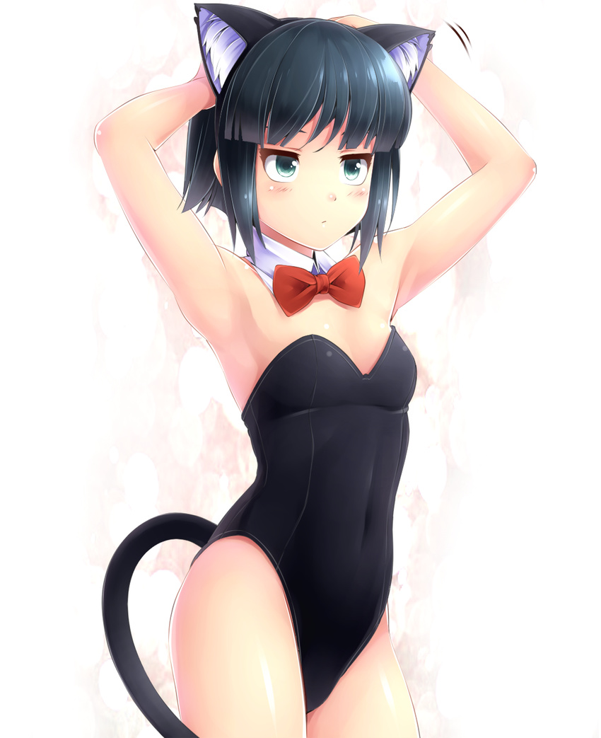 animal_ears arms_up bad_id bad_pixiv_id bare_legs black_hair bow bowtie cat_ears cat_tail detached_collar female green_eyes highres jikkyou_powerful_pro_yakyuu kittysuit komimiyako leotard nontraditional_playboy_bunny power_pro_kun_pocket power_pro_kun_pocket_7 serizawa_mao short_hair solo tail