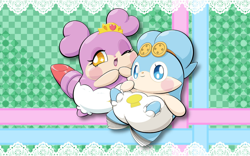 16:10 accessory anthro blue_body blue_eyes blue_fur blue_hair blush book clothing cocotama crown duo female fur hair headband headgear hi_res himitsu_no_cocotama kirarise_(cocotama) lips mammal one_eye_closed oshaki panties purple_body purple_fur purple_hair ten_nekosupi underwear widescreen yellow_eyes