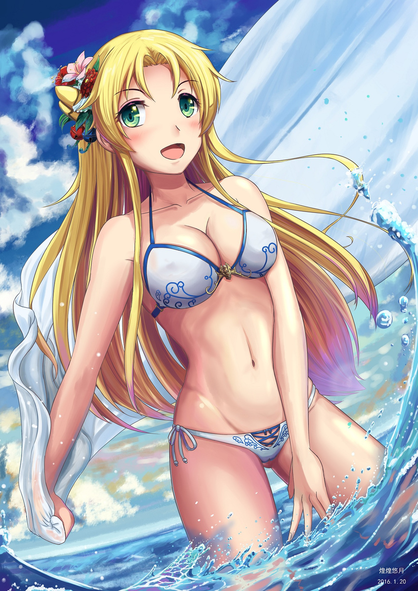 :d bikini blonde_hair blush breasts chinese_commentary cleavage cloud commentary_request covered_nipples dated day dutch_angle female flower green_eyes grenda-san groin hair_flower hair_ornament highres huanghyy long_hair medium_breasts navel ocean open_mouth outdoors photoshop_(medium) robot_girls_z side-tie_bikini_bottom sky smile solo strap_gap swimsuit towel wading water