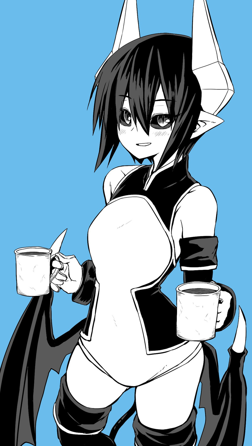 bad_id bad_twitter_id black_sclera blue_background blush coffee coffee_mug colored_sclera commentary_request contrapposto cup demon_girl demon_horns demon_tail demon_wings elbow_gloves female gloves greyscale_with_colored_background hair_between_eyes highres horns looking_at_viewer low_wings monochrome mug parted_lips pointy_ears seizaverus shinrabanshou short_hair simple_background slit_pupils smile solo standing tail thighhighs wings zyugoya