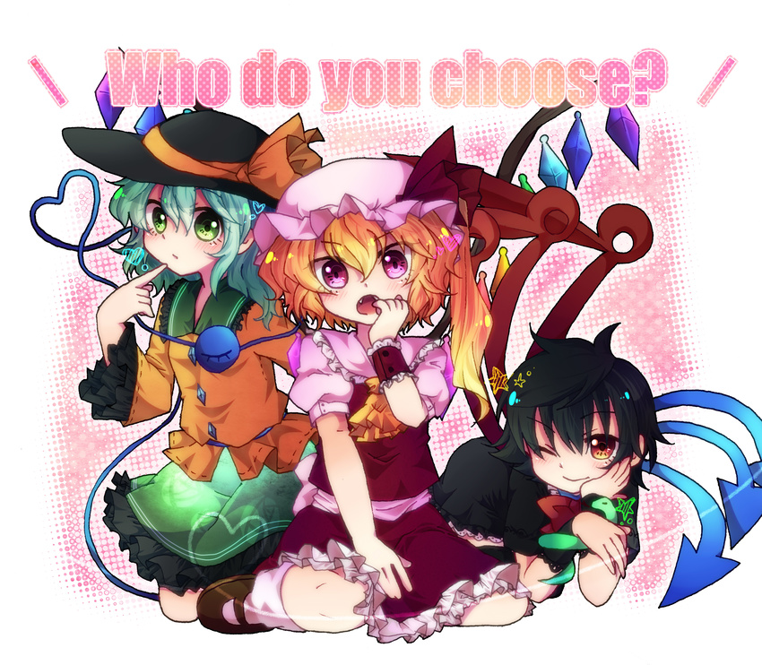 3girls absurdres ascot asymmetrical_wings black_hair black_thighhighs blonde_hair blue_hair blush commentary_request dress eyeball flandre_scarlet green_eyes green_hair hat heart heart_of_string highres houjuu_nue komeiji_koishi magu multiple_girls red_eyes short_hair side_ponytail snake stage_connection thighhighs touhou wings yellow_eyes