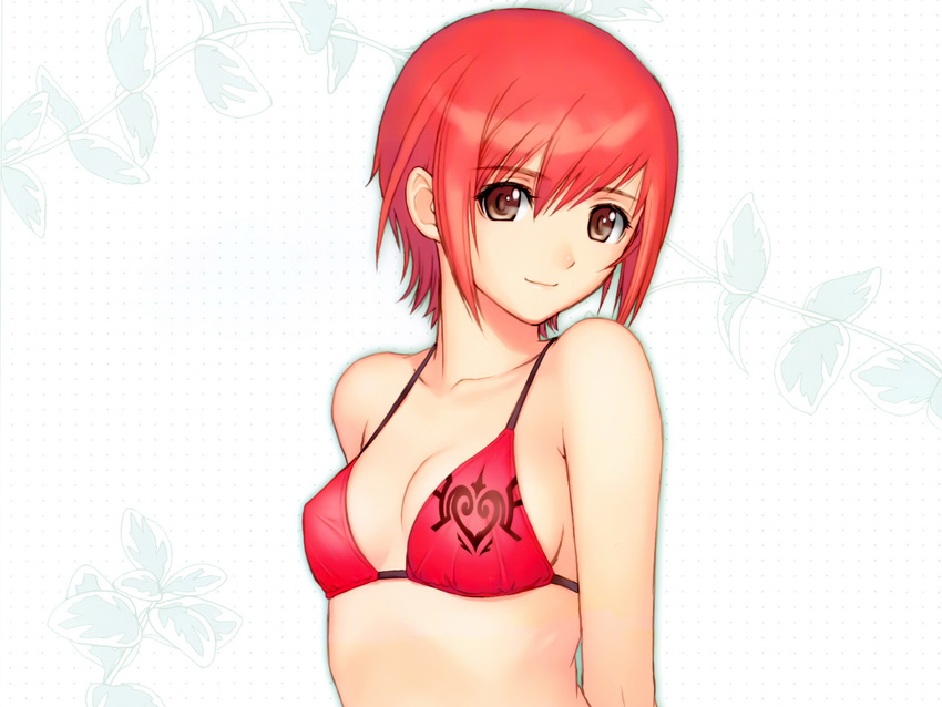 bikini bra female heart highres kanon_seena plant possible_duplicate red_eyes red_hair seena_kanon sega shining_(series) shining_tears shining_wind short_hair simple_background smile swimsuit taka_tony tanaka_takayuki underwear wallpaper white