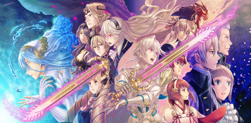 amatari_sukuzakki apron armor azura_(fire_emblem) blonde_hair camilla_(fire_emblem) commentary_request corrin_(female)_(fire_emblem) corrin_(fire_emblem) corrin_(male)_(fire_emblem) elise_(fire_emblem) fantasy felicia_(fire_emblem) fire_emblem fire_emblem_fates grey_hair gunter_(fire_emblem) hair_ornament headgear hinoka_(fire_emblem) holding holding_weapon image_sample jakob_(fire_emblem) japanese_clothes leo_(fire_emblem_fates) long_hair maid_apron md5_mismatch multiple_boys multiple_girls open_mouth pauldrons petals pointy_ears ponytail red_eyes red_hair ryoma_(fire_emblem) sakura_(fire_emblem) scar short_hair shoulder_armor sword takumi_(fire_emblem) tumblr_sample twintails water weapon xander_(fire_emblem) yellow_eyes