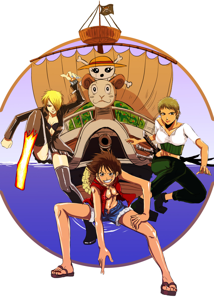 3girls absurdres bad_id bad_pixiv_id blonde_hair blue_eyes boots bra breasts brown_eyes brown_hair cannon cigarette cleavage curly_eyebrows diable_jambe earrings fighting_stance fire flag gear_second genderswap_(mtf) going_merry green_eyes green_hair hair_over_one_eye haramaki hat highres jewelry jolly_roger lingerie luan_(ares6792) luffyko makeup medium_breasts monkey_d._luffy multiple_girls nail_polish navel one_piece panties pants photoshop_(medium) roronoa_zoro rule_63 sandals sanji_(one_piece) scar ship shirt short_hair shorts skirt sleeveless sleeveless_shirt smile squatting standing straw_hat straw_hats_jolly_roger sword thighhighs underwear watercraft weapon