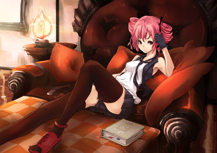 armchair bare_shoulders black_gloves black_thighhighs book chair commentary_request cushion drill_hair female gloves head_rest high_heels kasane_teto lamp mille_(dieci) necktie photoshop_(medium) pleated_skirt reclining red_eyes red_hair shoes skirt solo thighhighs twin_drills twintails utau vest zettai_ryouiki