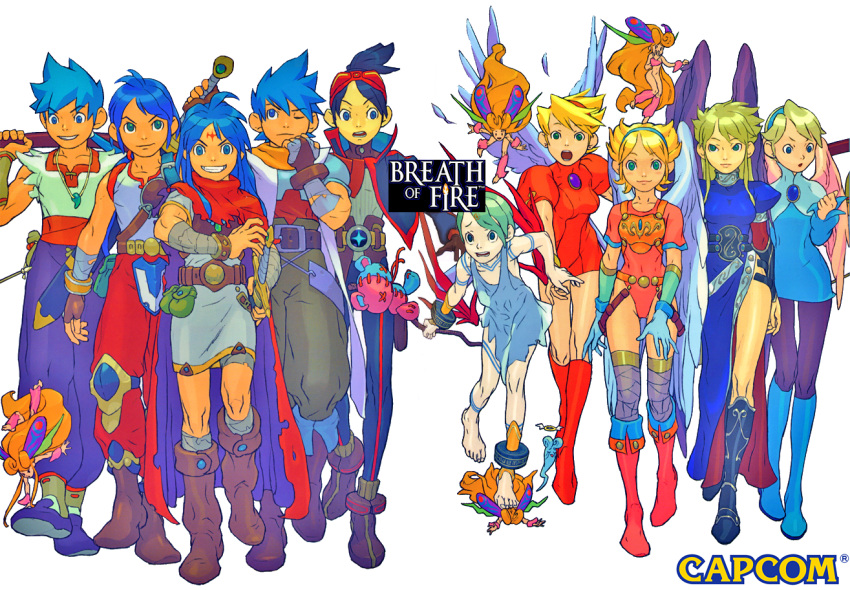 5boys 6+girls absolutely_everyone armor barefoot blonde_hair blue_eyes blue_hair boots breath_of breath_of_fire breath_of_fire_complete_works breath_of_fire_i breath_of_fire_ii breath_of_fire_iii breath_of_fire_iv breath_of_fire_v capcom comedy cover cover_page crossover dress everyone fairy fire_complete_works gloves green_eyes highres legs long_hair looking_at_viewer multiple_boys multiple_girls nina nina_(breath_of_fire_i) nina_(breath_of_fire_ii) nina_(breath_of_fire_iii) nina_(breath_of_fire_iv) nina_(breath_of_fire_v) official_art open_mouth pantyhose ryu ryuu_(breath_of_fire_i) ryuu_(breath_of_fire_ii) ryuu_(breath_of_fire_iii) ryuu_(breath_of_fire_iv) ryuu_(breath_of_fire_v) short_hair side_slit sword tattoo thighs time_paradox trample very_long_hair weapon wings yoshikawa_tatsuya