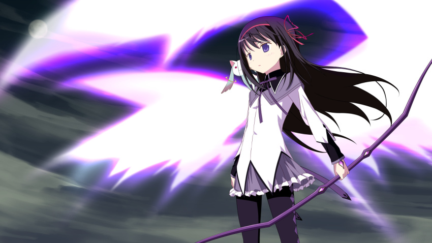 :3 akemi_homura argyle argyle_legwear banned_artist black_hair black_legwear bow_(weapon) dark_sky hair_ribbon kyuubee long_hair magical_girl mahou_shoujo_madoka_magica moon moritan official_style pantyhose purple_eyes ribbon skirt sky spoilers weapon wind wings