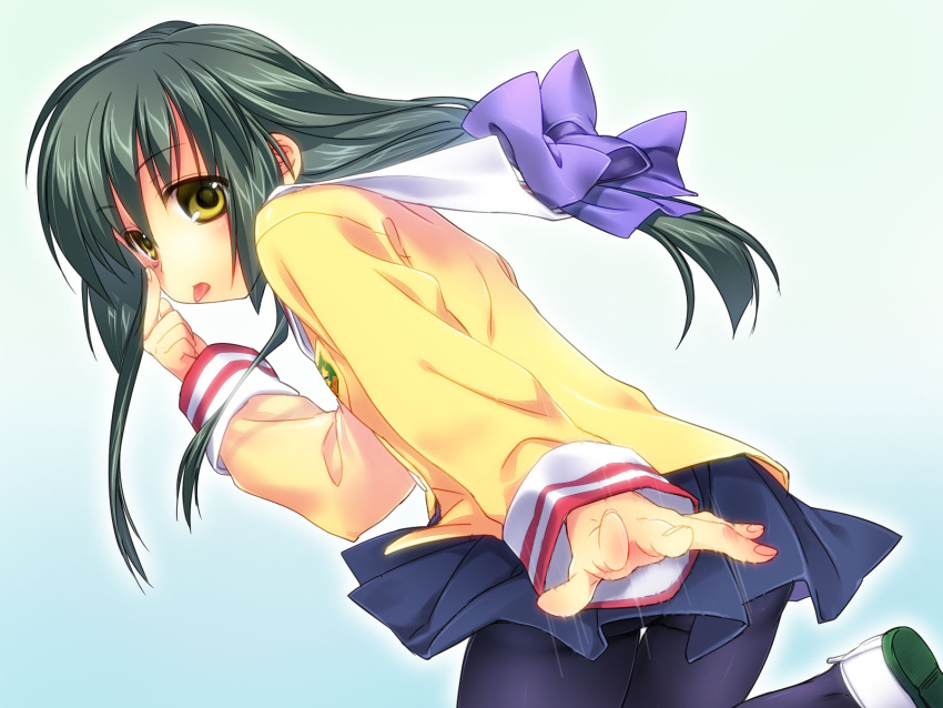 akanbe ass bad_id bad_pixiv_id black_hair black_pantyhose bow clannad commentary_request eyelid_pull female hairbow highres hikarizaka_private_high_school_uniform ibuki_fuuko long_hair looking_back pantyhose pleated_skirt satomi_yoshitaka school_uniform serafuku sidelocks skirt solo thigh_gap tongue tongue_out yellow_eyes