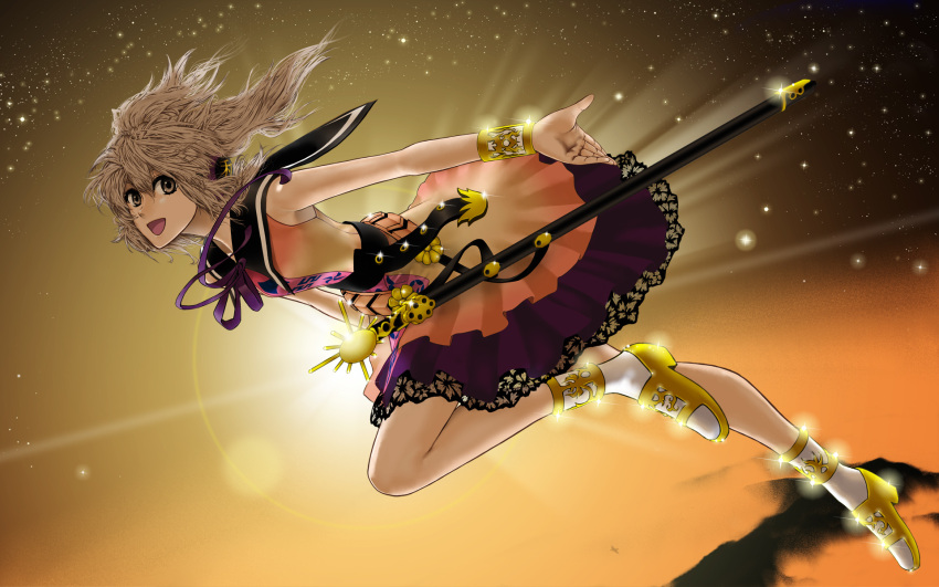 belt boots brown_eyes brown_hair commentary_request dress earmuffs female flying full_body glint high_heel_boots high_heels highres looking_at_viewer neck_ribbon open_mouth outstretched_arms photoshop_(medium) ribbon scabbard sheath short_hair sky smile solo star_(sky) starry_sky sword touhou toyosatomimi_no_miko umami_(sakeikura) weapon wristband